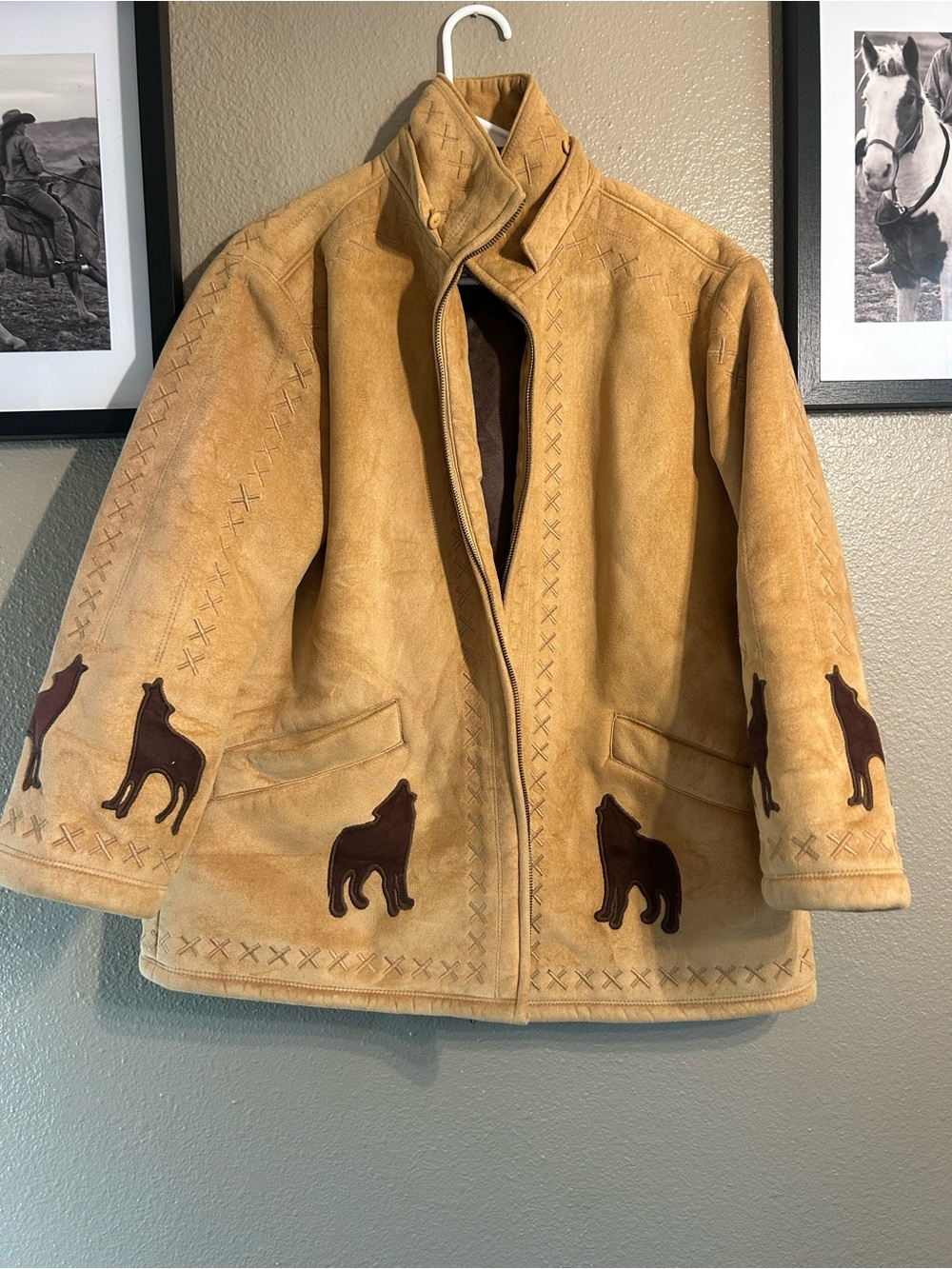 Tan Faux Suede Jacket with Wolf Applique - Picture 1 of 3